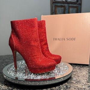 Thalia Sodi Sparkling Red rhinestone Heeled Boots NEW 7